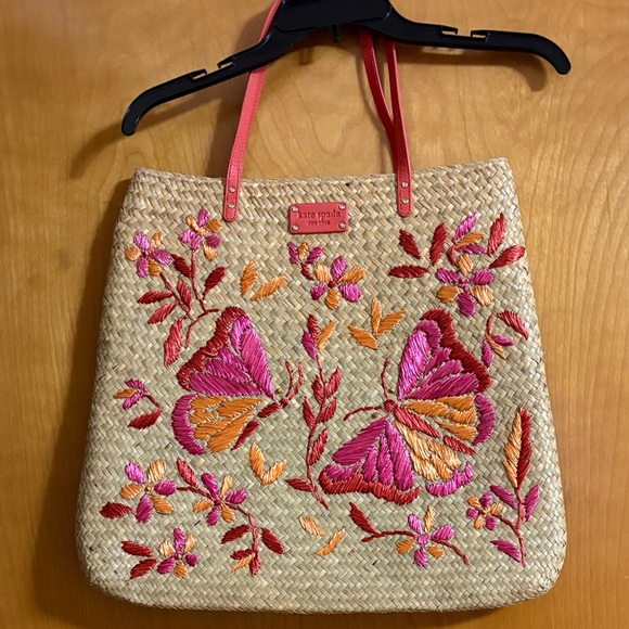kate spade Straw Tote with Pink & Orange Embroidered Butterflies - Picture 2 of 7